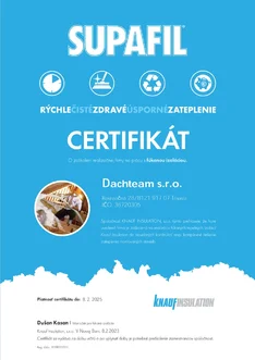 certifikát Dachteam fúkané izolácie certifikát Dachteam fúkané izolácie