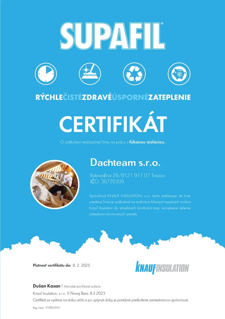 certifikát Dachteam fúkané izolácie certifikát Dachteam fúkané izolácie