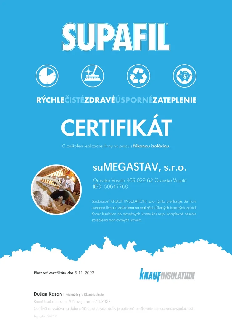 certifikát Sumegastav fúkané izolácie certifikát Sumegastav fúkané izolácie